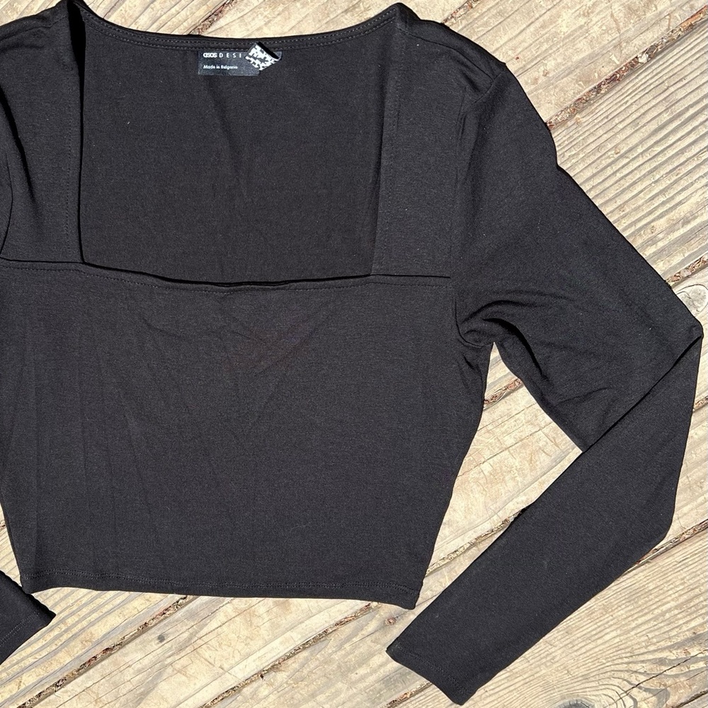 ASOS Design black cropped long sleeve shirt square neck stretchy fitted top